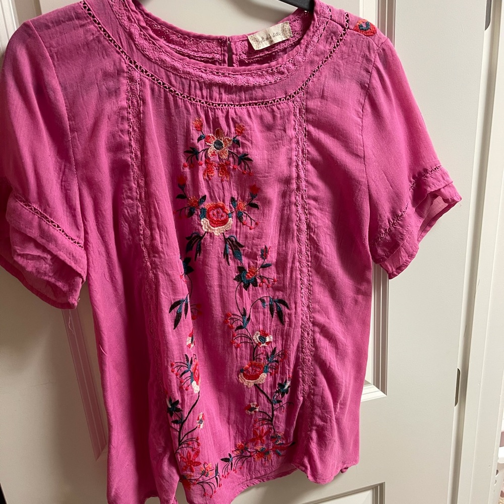 Pink embroidered top.
